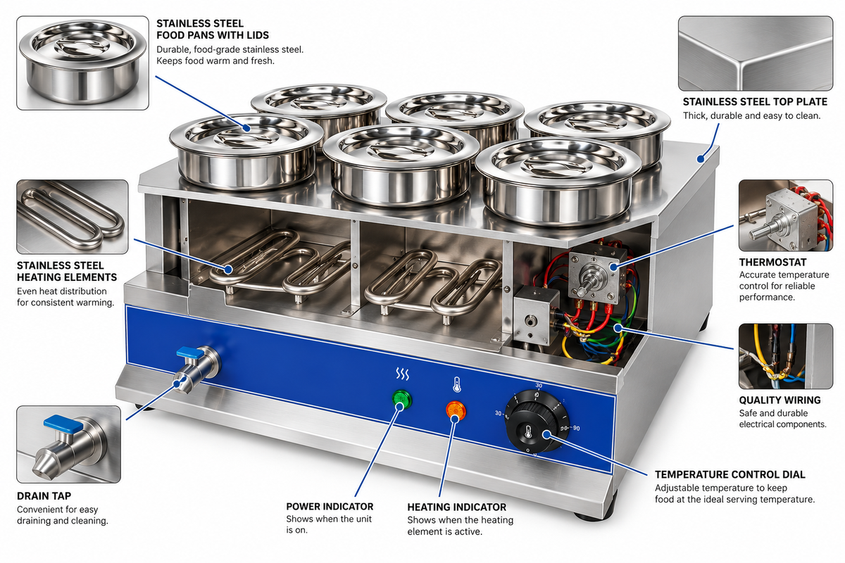 KELOO Electric Round Bain Marie 6 Well 2kW - Countertop Soup Station - BM-6TT