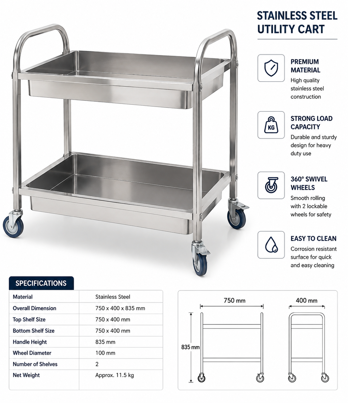 KELOO Stainless Steel Bowl Collecting Cart 750mm - 2 Tier Clearing Trolley