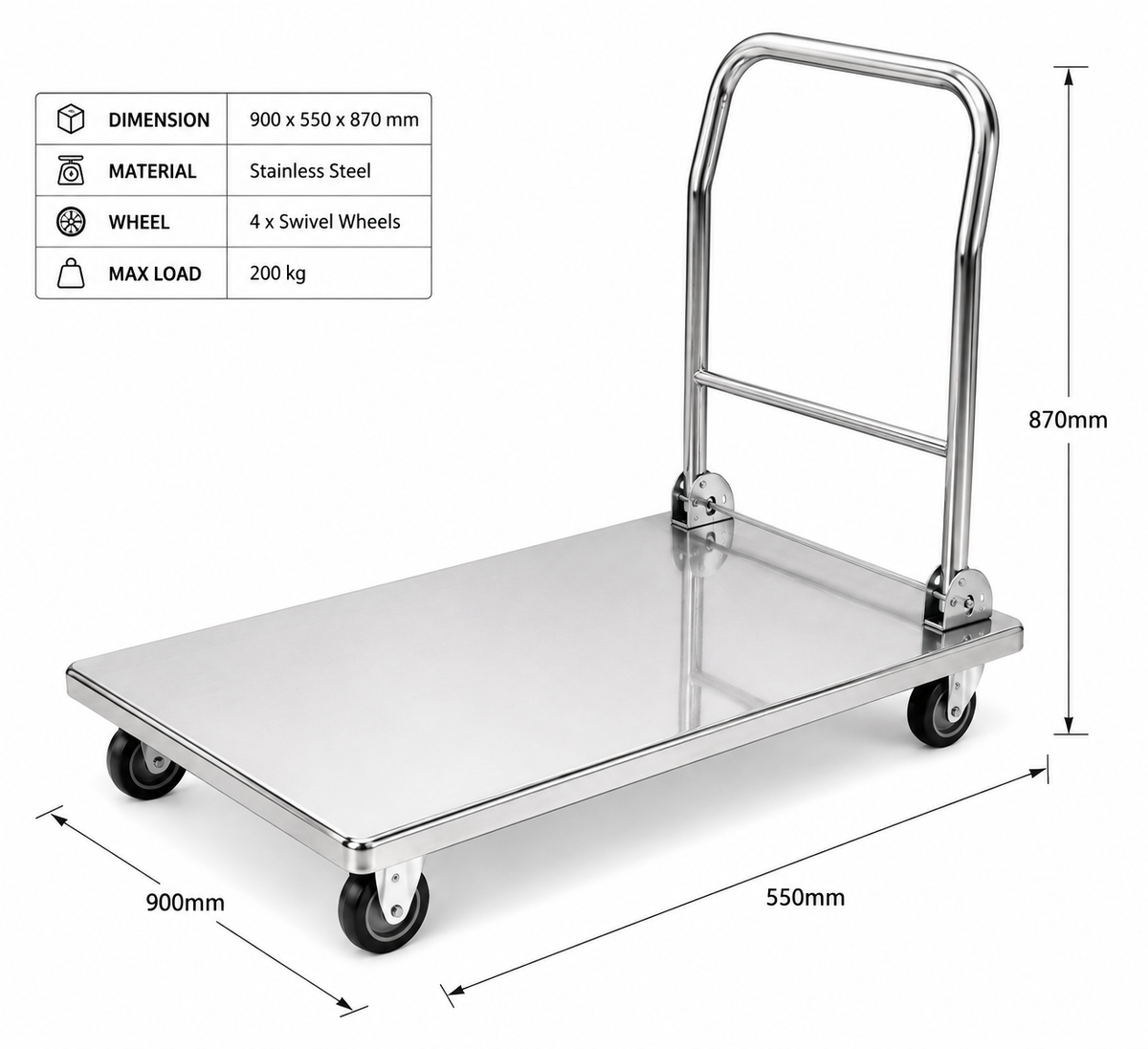 KELOO Stainless Steel Platform Trolley 900mm - Flat Deck Serving Cart