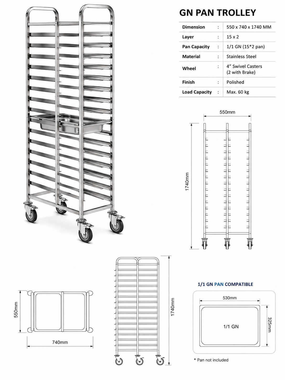 KELOO Stainless Steel GN Pan Trolley 30 x 1/1 Double Column - Gastronorm Rack