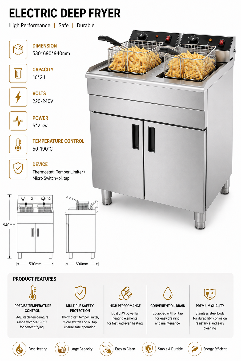 KELOO Commercial Electric Fryer Freestanding Twin Tank 2 x 16L 10kW - EF162C