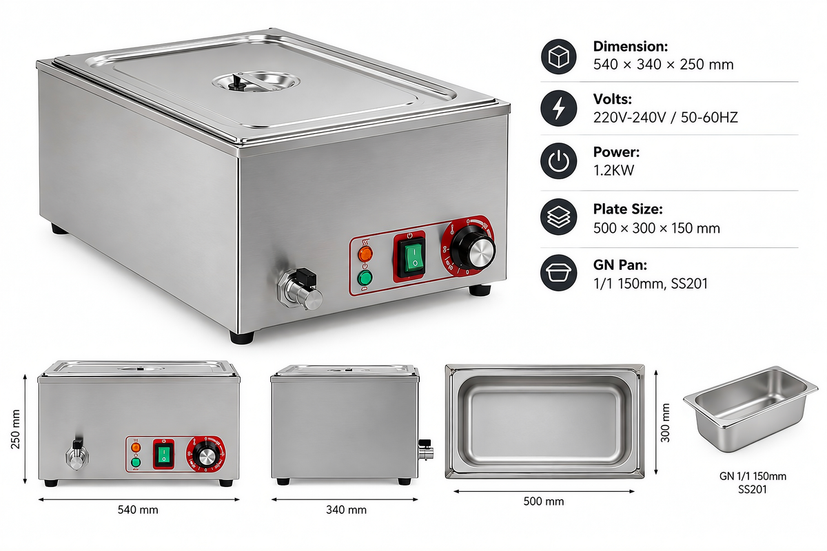 KELOO Countertop Bain Marie 1/1 GN 1.2kW - Wet Well Food Warmer - BM-1/1