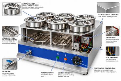 KELOO Electric Round Bain Marie 6 Well 2kW - Countertop Soup Station - BM-6TT
