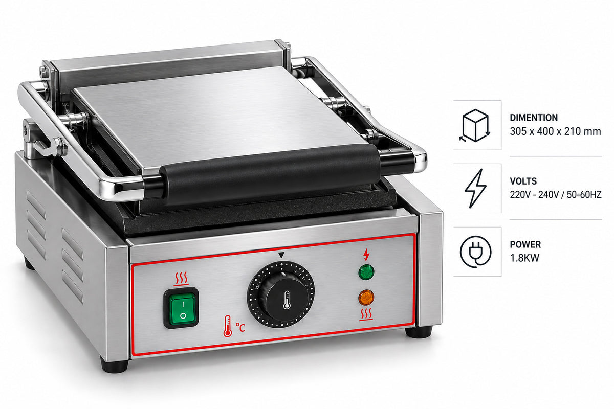 KELOO Electric Contact Grill Single 305mm 1.8kW - Ribbed Top Flat Base - EG-811A