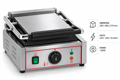KELOO Electric Contact Grill Single 305mm 1.8kW - Ribbed Top Flat Base - EG-811A