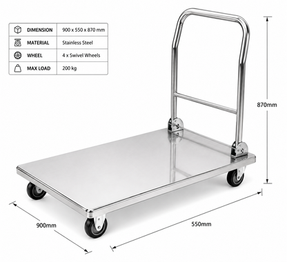 KELOO Stainless Steel Platform Trolley 900mm - Flat Deck Serving Cart