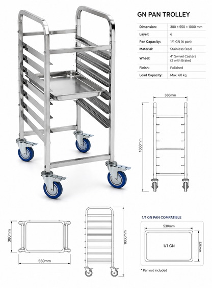 KELOO Stainless Steel GN Pan Trolley 6 x 1/1 - Mobile Gastronorm Rack
