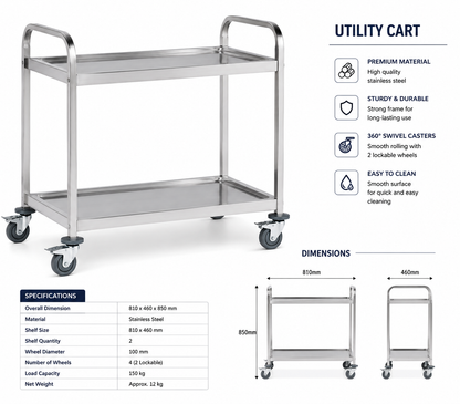 KELOO Stainless Steel Serving Trolley 2 Tier 810mm - Round Tube Dining Cart