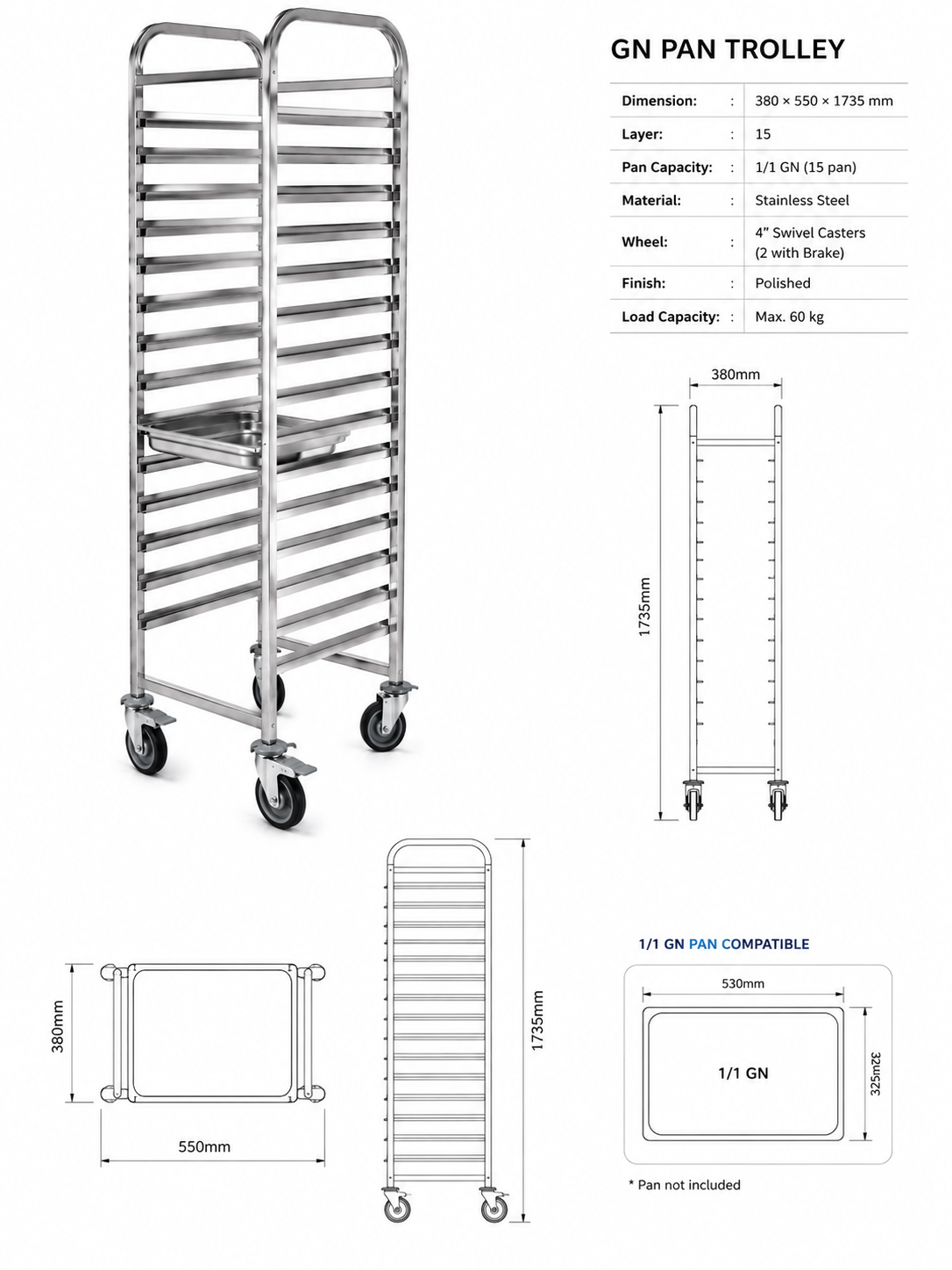 KELOO Stainless Steel GN Pan Trolley 15 x 1/1 - Full Height Gastronorm Rack