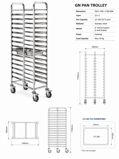 KELOO Stainless Steel GN Pan Trolley 30 x 1/1 Double Column - Gastronorm Rack