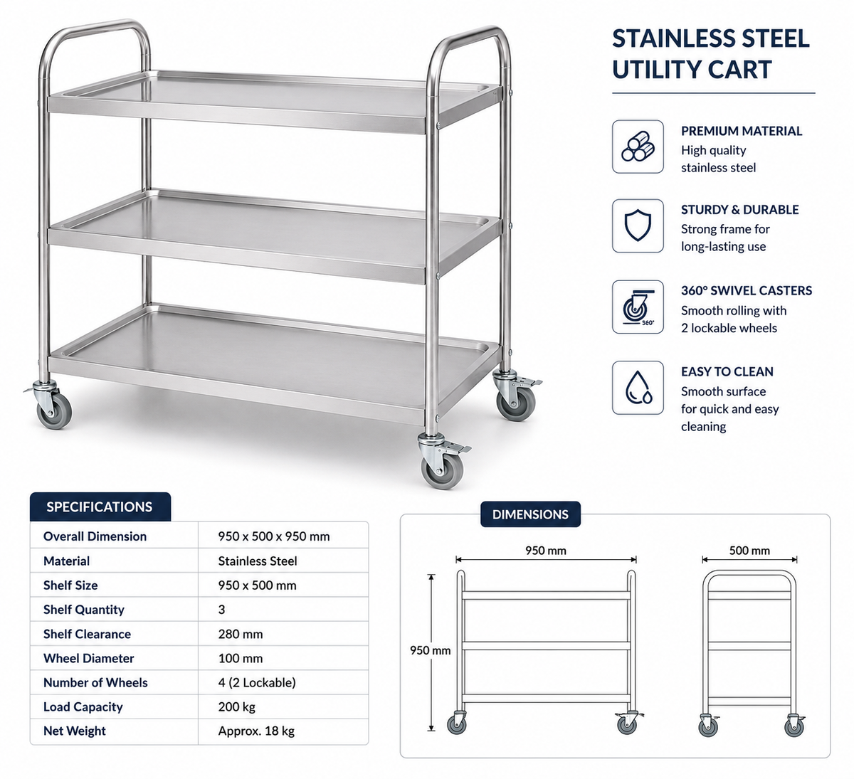 KELOO Stainless Steel Serving Trolley 3 Tier 950mm - Square Tube Dining Cart
