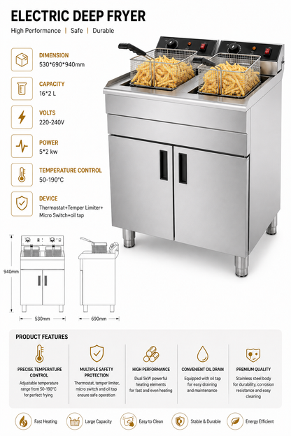 KELOO Commercial Electric Fryer Freestanding Twin Tank 2 x 16L 10kW - EF162C