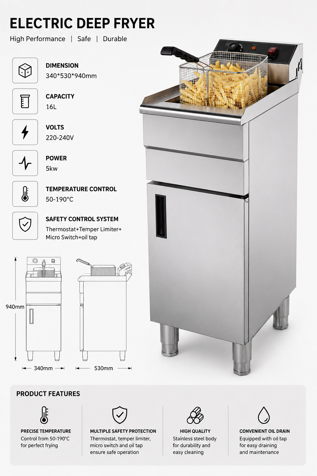 KELOO Commercial Electric Fryer Freestanding 16L Single Tank 5kW - EF161C