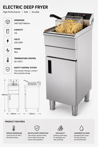 KELOO Commercial Electric Fryer Freestanding 16L Single Tank 5kW - EF161C