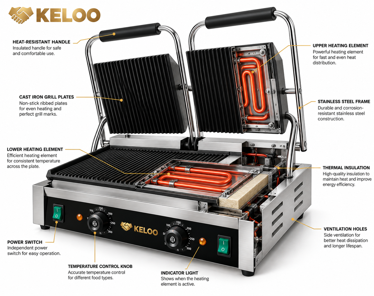 KELOO Electric Contact Grill Twin 580mm 3.6kW Fully Grooved - EG-813