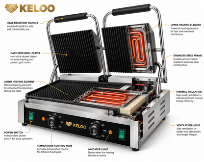 KELOO Electric Contact Grill Twin 580mm 3.6kW Fully Grooved - EG-813