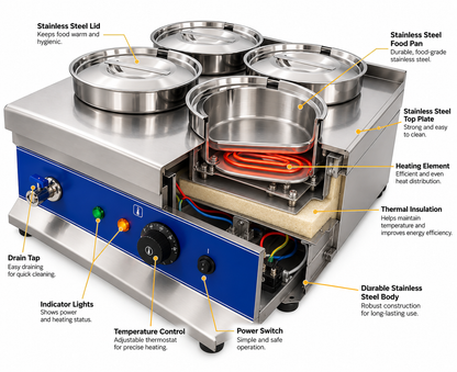 KELOO Electric Round Bain Marie 4 Well 1.5kW - Countertop Soup Station - BM-4TT