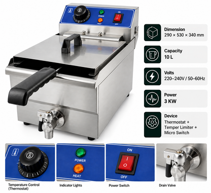 KELOO Commercial Electric Fryer Countertop 10L Single Tank 3kW - EF-101V