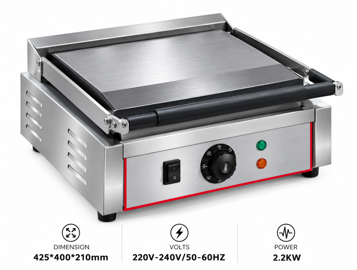KELOO Electric Contact Grill Double 425mm 2.2kW - Ribbed Top Flat Base - EG-811EA