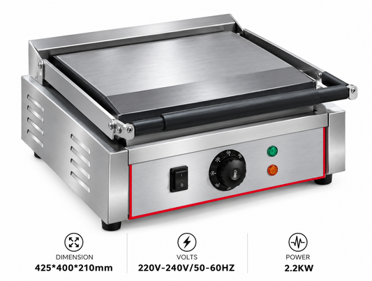 KELOO Electric Contact Grill Double 425mm 2.2kW - Ribbed Top Flat Base - EG-811EA