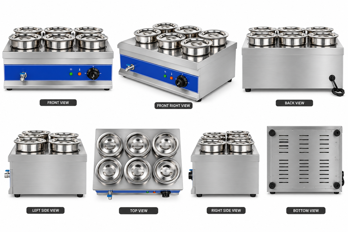 KELOO Electric Round Bain Marie 6 Well 2kW - Countertop Soup Station - BM-6TT