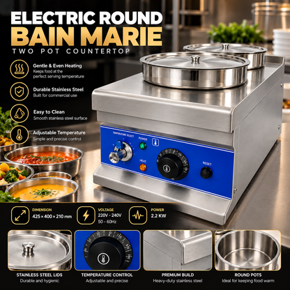 KELOO Electric Round Bain Marie 2 Well 0.9kW - Countertop Soup Station - BM-2TT