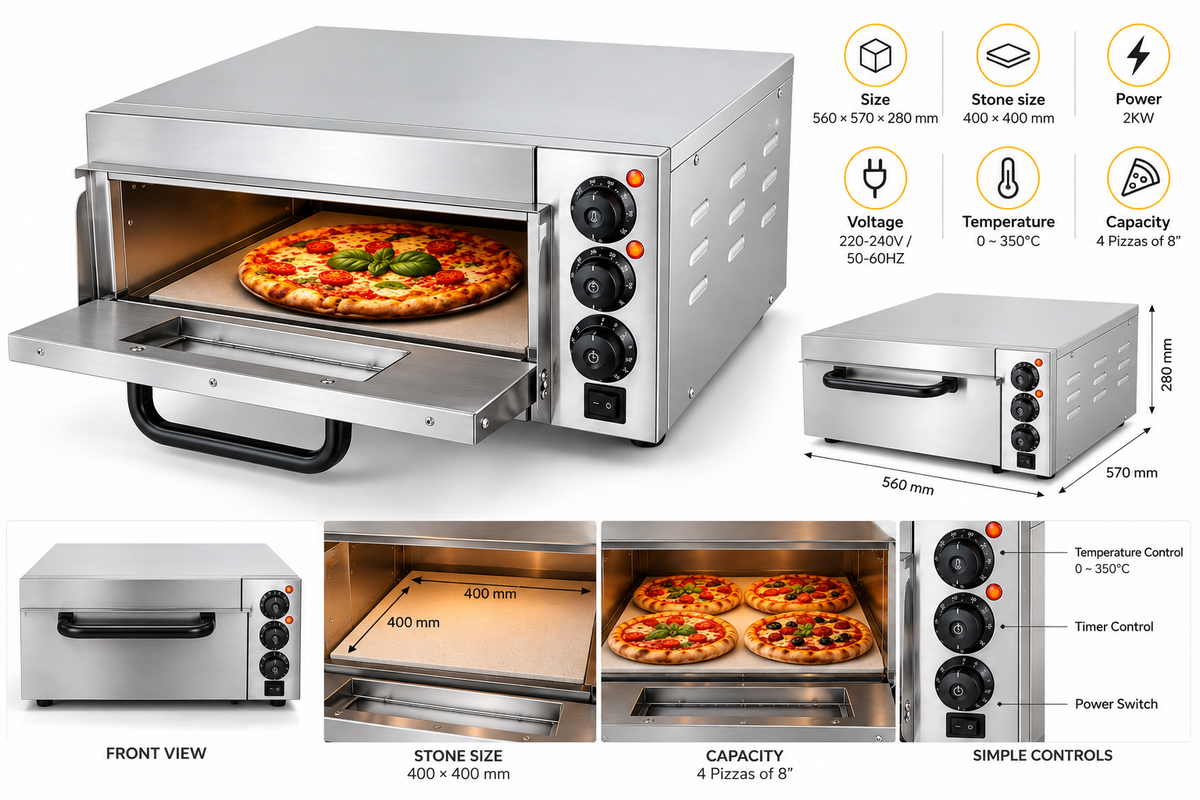 KELOO Electric Pizza Oven Single Deck 2kW - 4 x 8 Inch Pizzas - EP-1ST