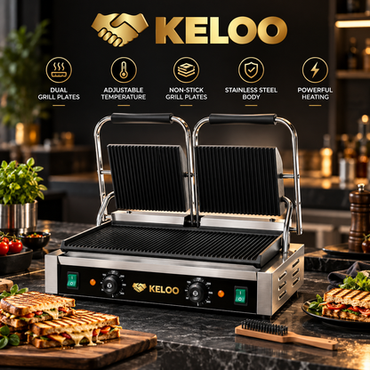 KELOO Electric Contact Grill Twin 580mm 3.6kW Fully Grooved - EG-813