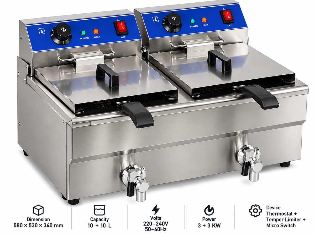 KELOO Commercial Electric Fryer Countertop Twin Tank 2 x 10L 6kW - EF-102V