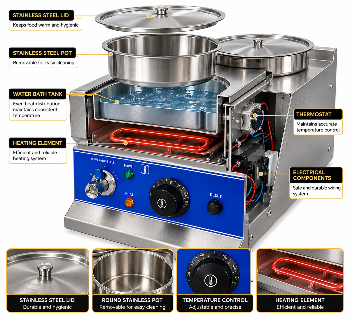 KELOO Electric Round Bain Marie 2 Well 0.9kW - Countertop Soup Station - BM-2TT