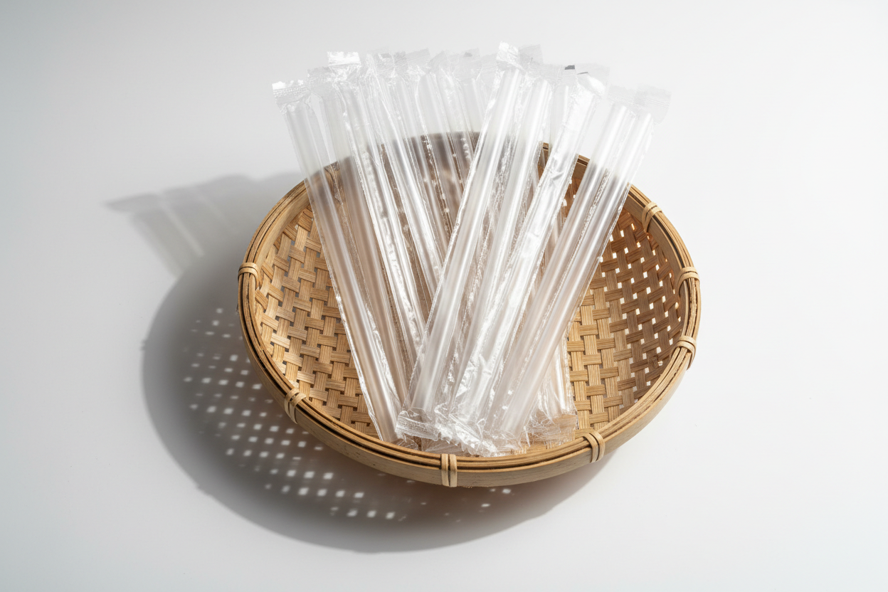 Individually wrapped clear bubble tea straws in basket