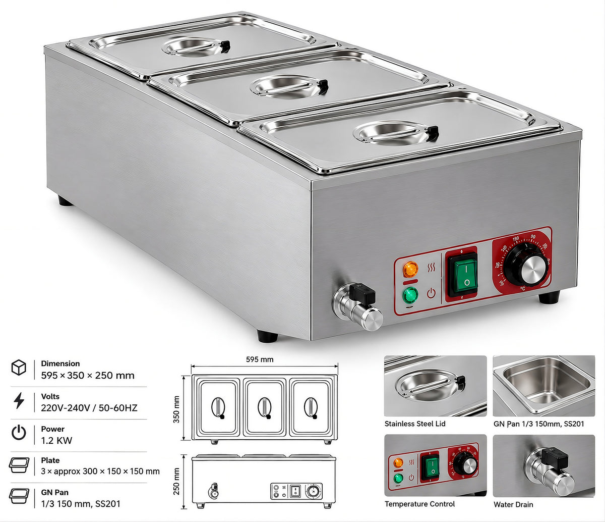 KELOO Countertop Bain Marie 3 x 1/3 GN 1.2kW - Wet Well Food Warmer - BM-1/3