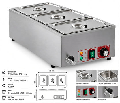 KELOO Countertop Bain Marie 3 x 1/3 GN 1.2kW - Wet Well Food Warmer - BM-1/3