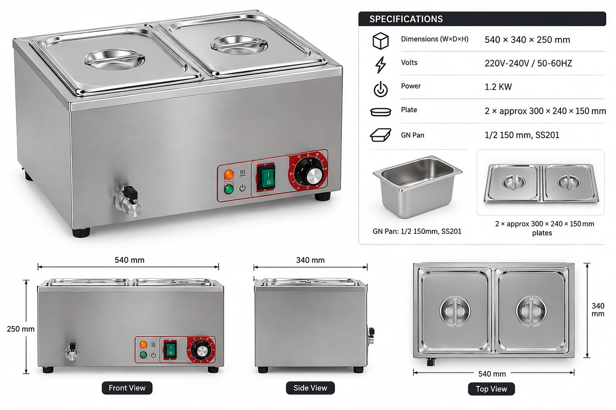 KELOO Countertop Bain Marie 2 x 1/2 GN 1.2kW - Wet Well Food Warmer - BM-1/2