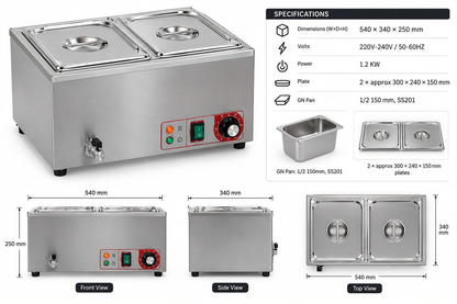 KELOO Countertop Bain Marie 2 x 1/2 GN 1.2kW - Wet Well Food Warmer - BM-1/2