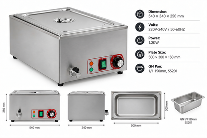 KELOO Countertop Bain Marie 1/1 GN 1.2kW - Wet Well Food Warmer - BM-1/1